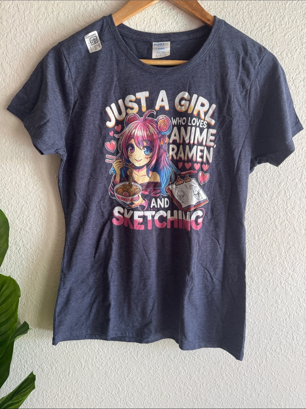 Port and Company Navy Anime Ramen & Sketching Graphic Tee with Pink Accents